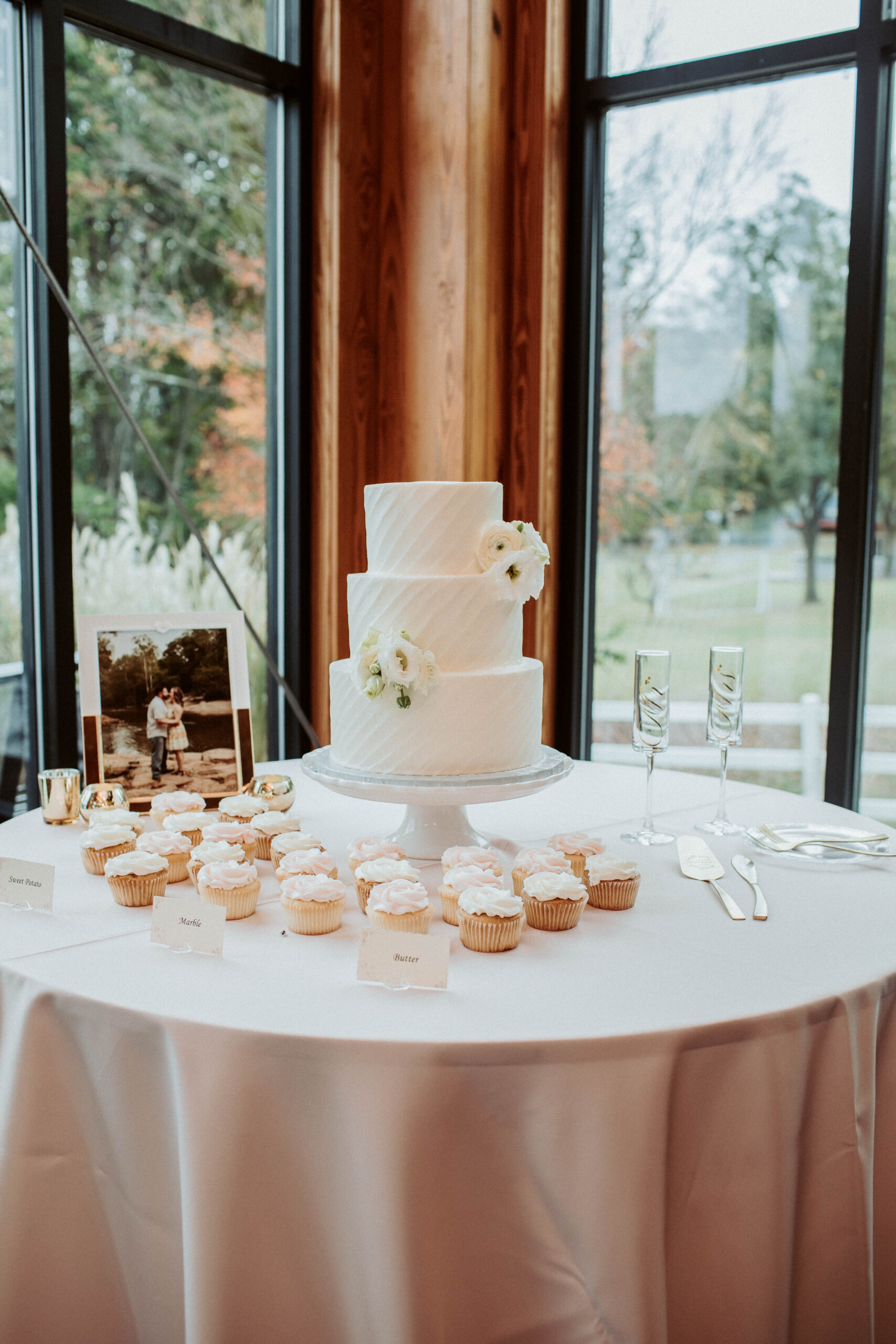 Wedding cake and cupcake dessert table
